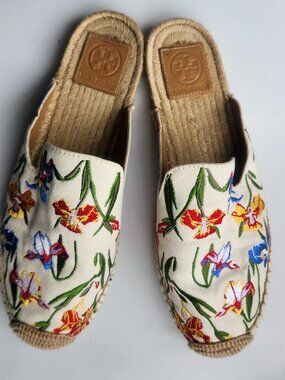 Torry Burch Cream Canvas Floral Espadrille Flats